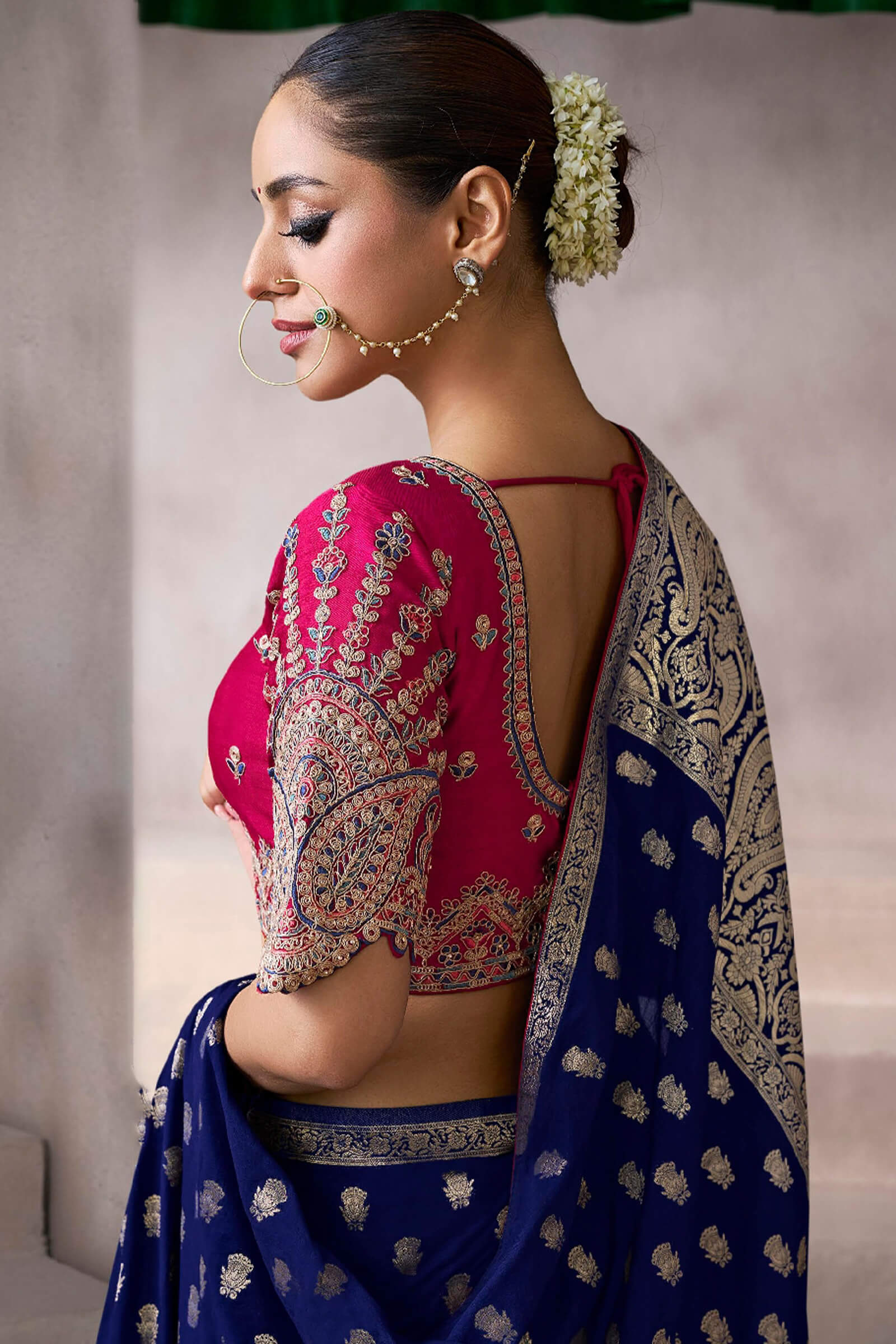 Denouement Navy Blue Banarasi Satin Silk Saree With Lissome Blouse - Image 4