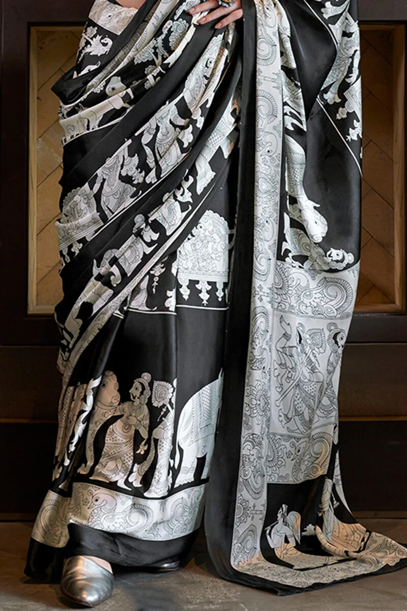 Vibrant Black and White Digital Printed Satin Silk Saree With Whimsical Blouse Piece - Image 3